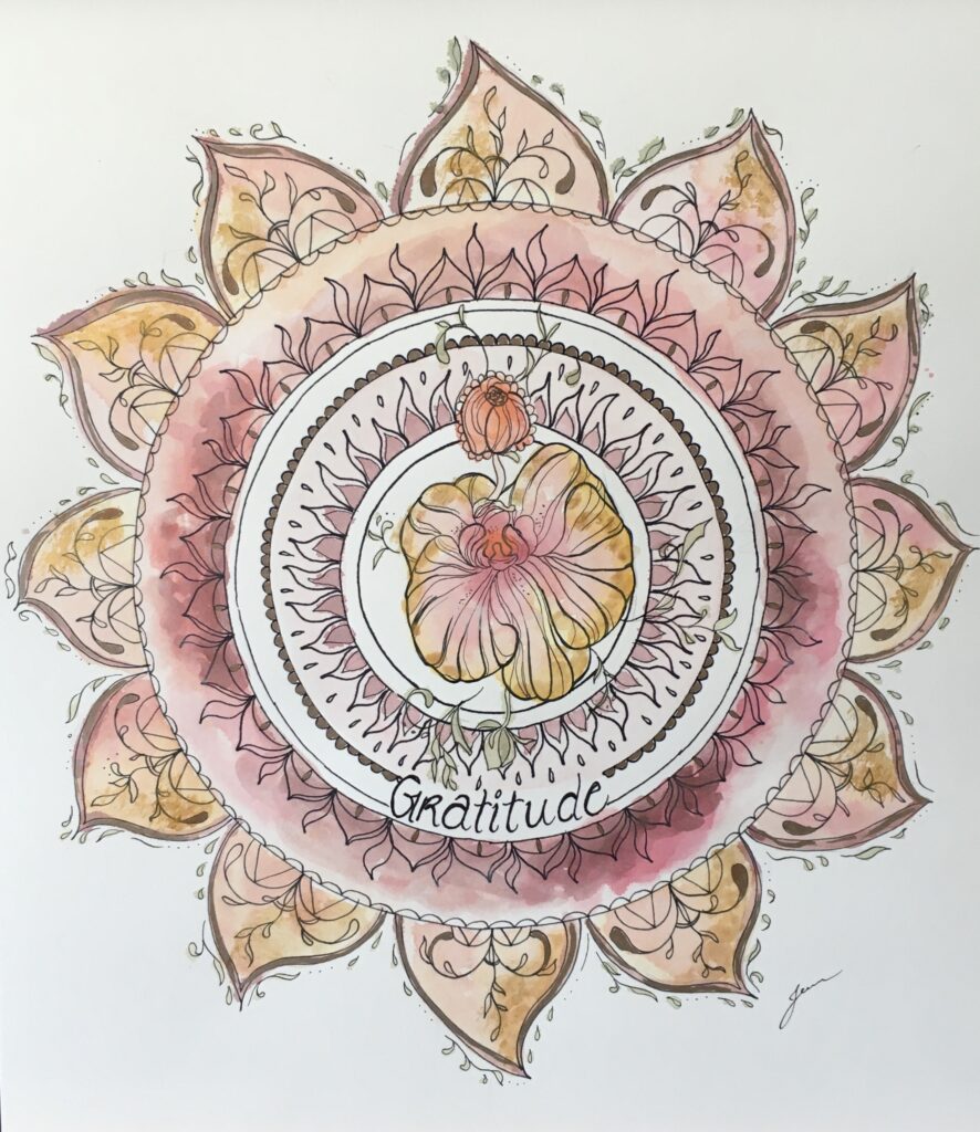 Aquarelle de soleil mandala jaune et rouge avec une orchidée au centre et le mot gratitude