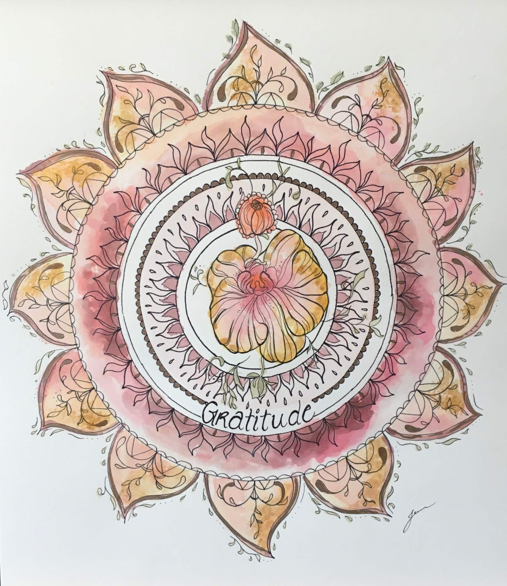 Aquarelle de soleil mandala jaune et rouge avec une orchidée au centre et le mot gratitude