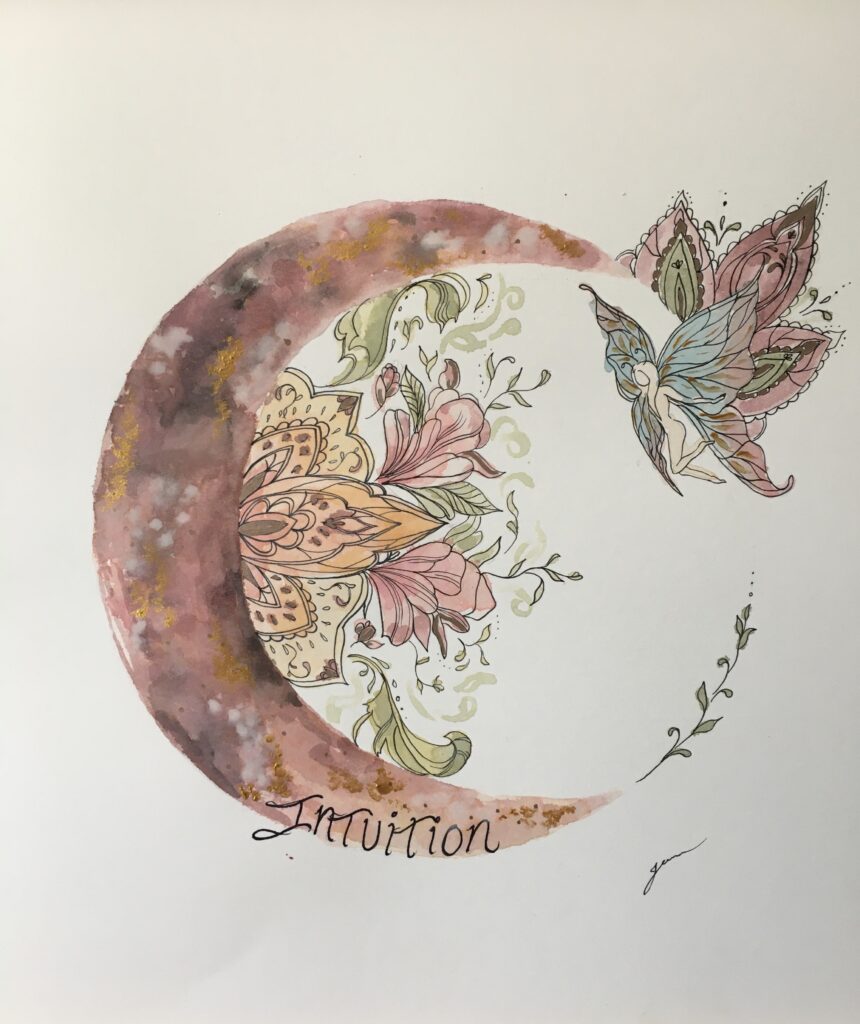 Aquarelle Lune en croissant mandala rouge et verte avec fée et le mot intuition