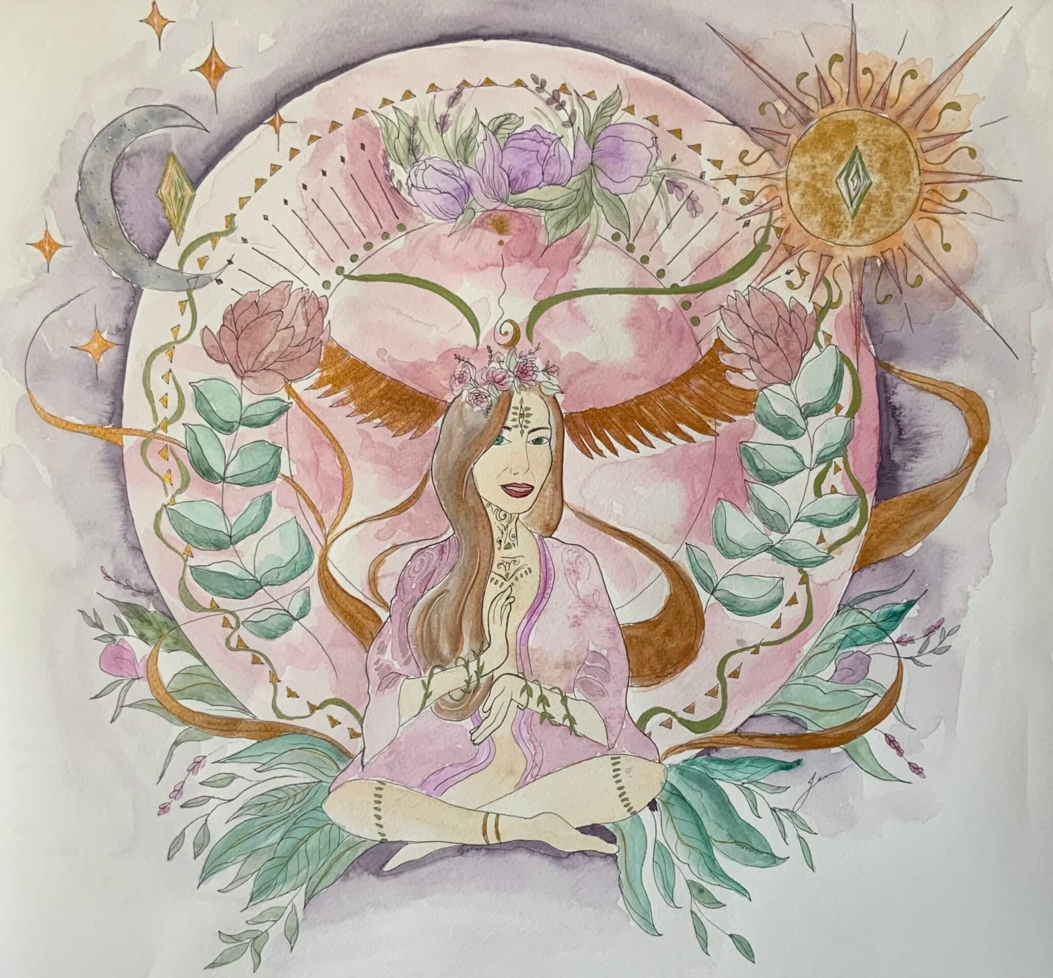 Oeuvre aquarelle d'une femme bohème assise les mains au coeur avec lune et soleil et plusieurs éléments décoratifs
