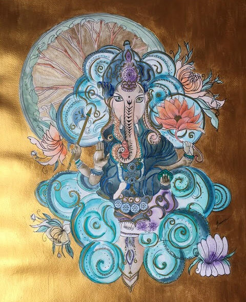 Aquarelle Dieu Ganesha spirale bleu